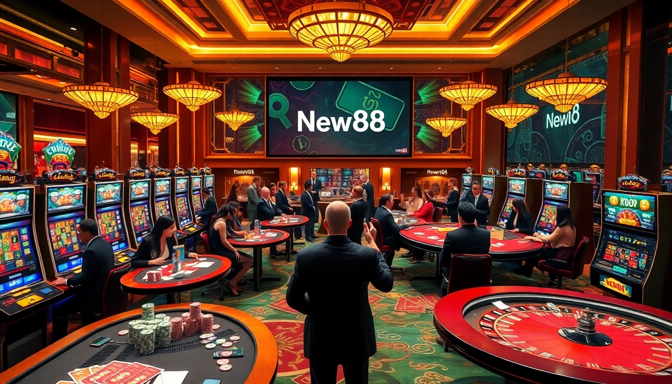 Experience thrilling gameplay with New88, featuring vibrant casino tables and exciting gamblers enjoying the atmosphere.