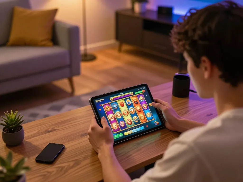 Situs Tempo123 player enjoying Mahjong Ways slot game on tablet in cozy home setup