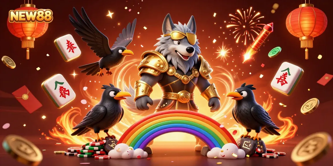 Engage in exciting gaming with NEW88's vibrant 3D illustration of Odin and ravens amidst casino elements.