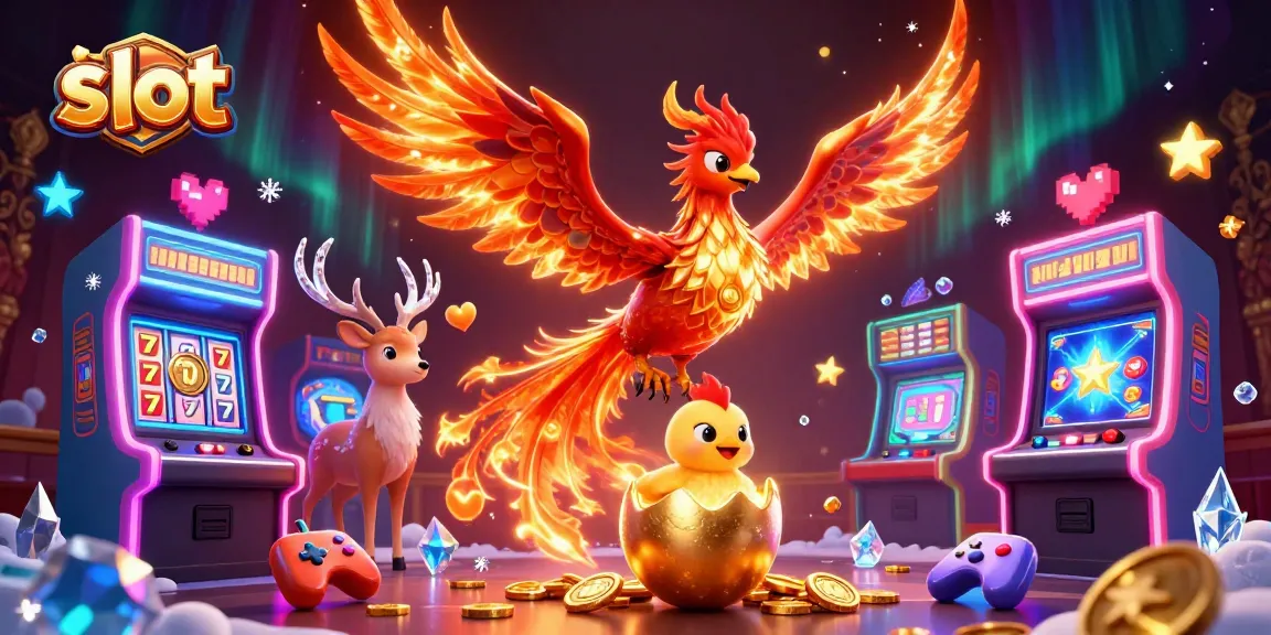Spin colorful slots featuring a phoenix and a stag in a vibrant casino scene