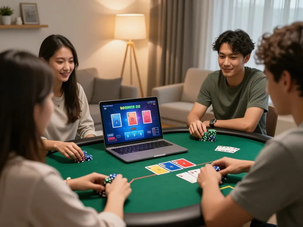 pemain bayitoto menikmati permainan poker online di laptop dalam suasana ruang tamu yang nyaman