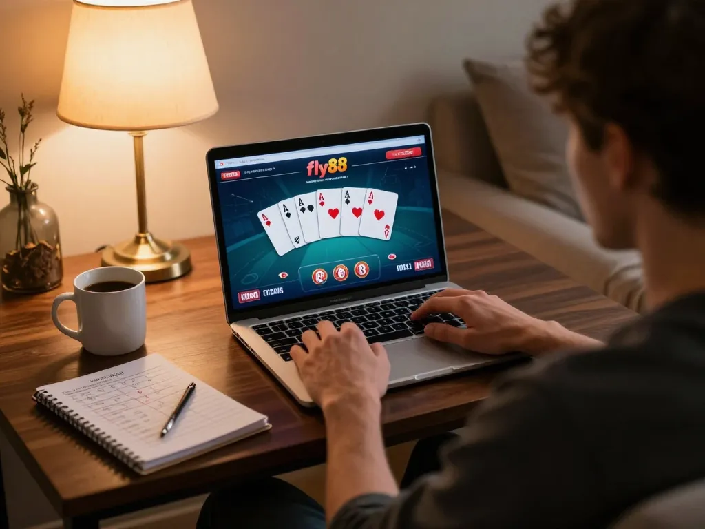 Engaged player using fly88 online casino platform, with poker hand displayed on laptop screen in a cozy home environment.