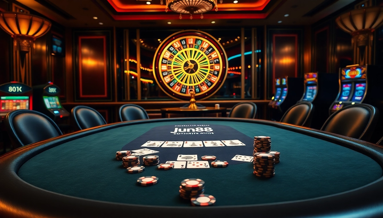 Experience the thrill of Jun88 with a luxurious poker game setting featuring cards and chips.