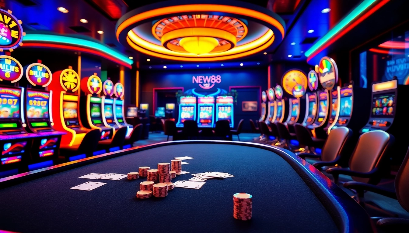 New88 offers an exciting online gambling experience with vibrant slot machines and poker tables.