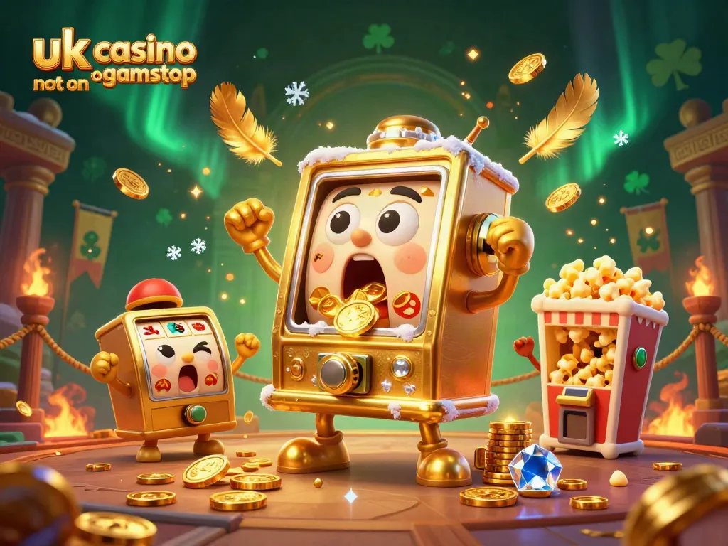 A golden slot machine hits the jackpot in a vibrant uk casino not on gamstop scene filled with joyous characters.