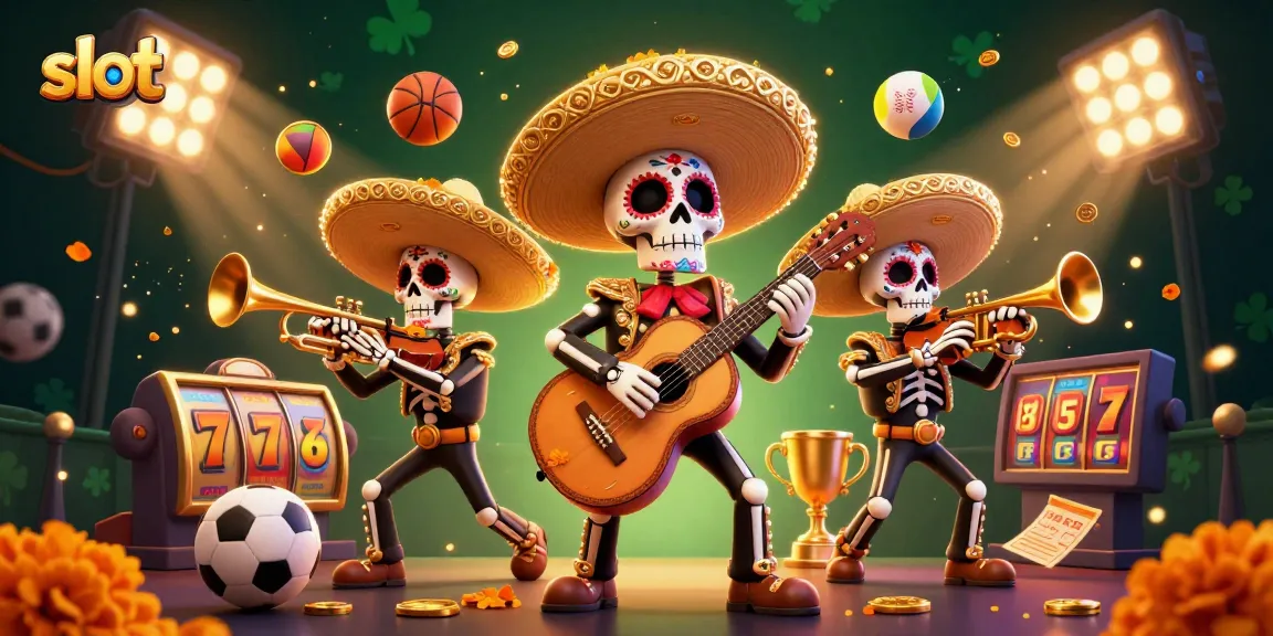 Experience thrilling slot gameplay in this vibrant illustration featuring a mariachi band, slot reels, and gaming elements.