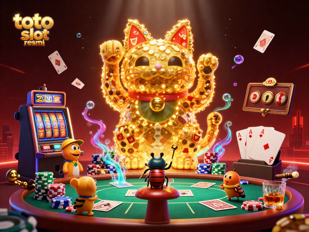 Experience the excitement of toto slot resmi with a vibrant digital casino scene featuring a lucky cat and poker elements.
