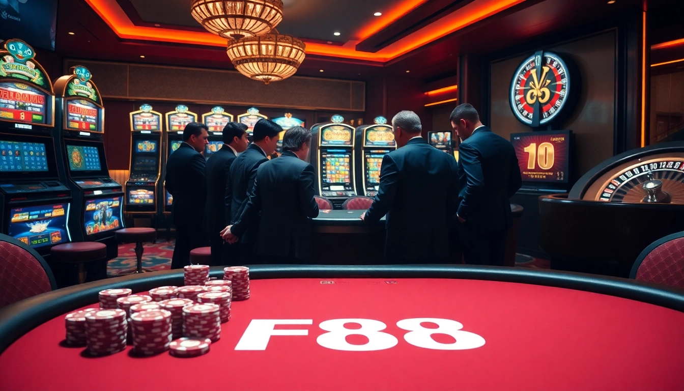 The FB68 poker table bustling with players and colorful chips highlighting an exciting casino atmosphere.