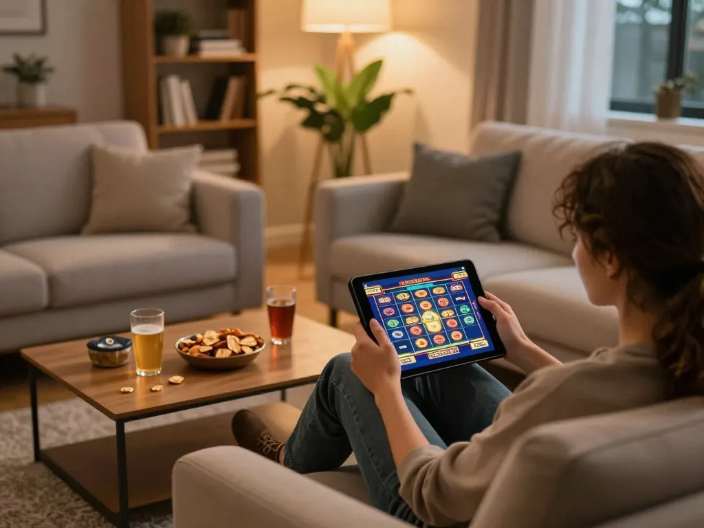 Engaging in online gaming at home on f8betlv, featuring a tablet with slot game interface.