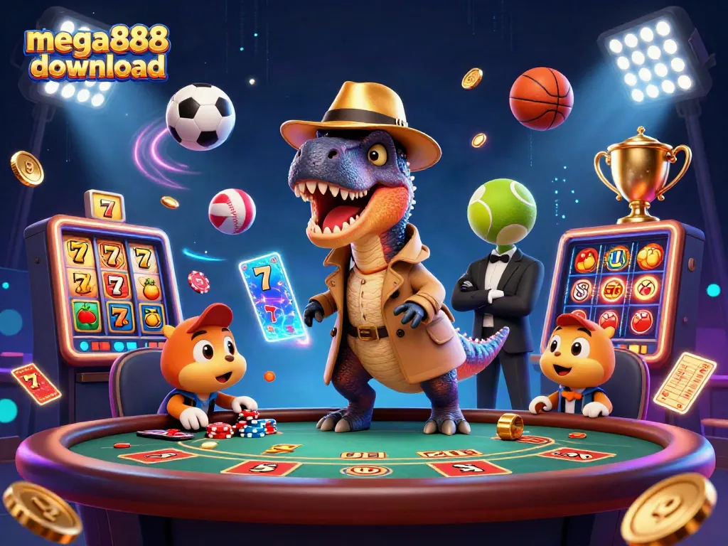 Engage in thrilling mega888 download with a clever velociraptor at a blackjack table, surrounded by vibrant game chaos.
