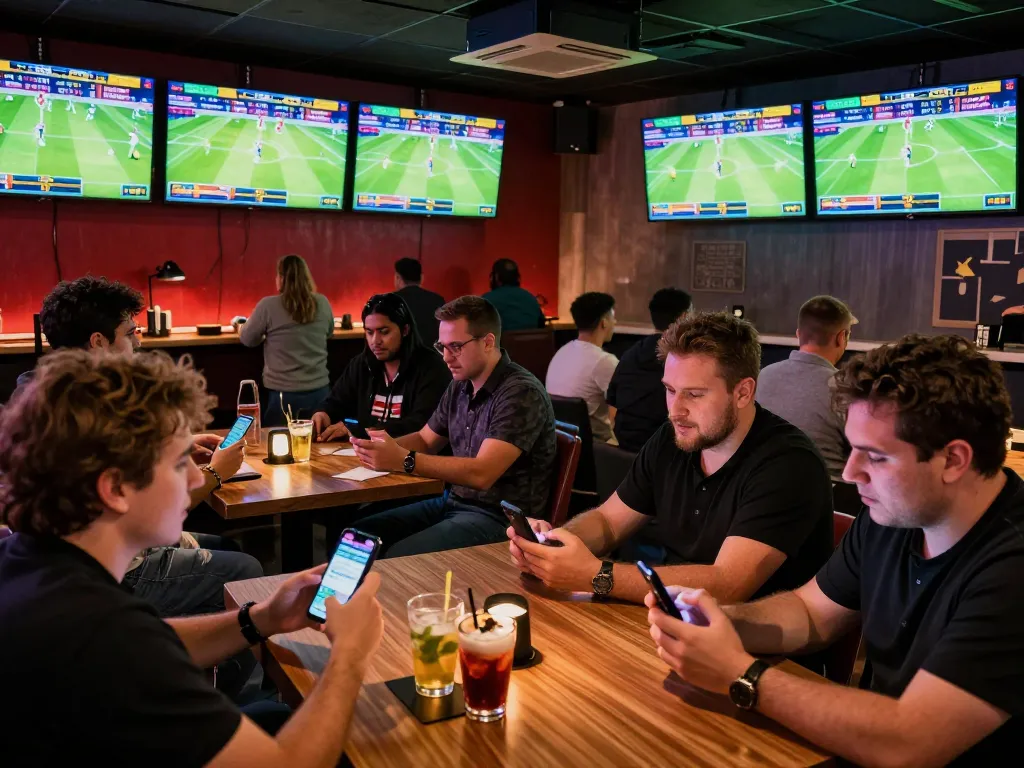 Soi kèo action in a lively sports betting lounge, with fans intensely focused on live games and mobile bets.