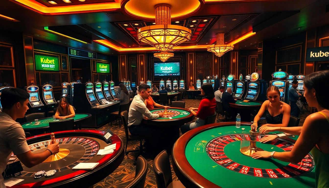 Kubet's dynamic casino atmosphere with players enjoying high-stakes games and vibrant slot machines.