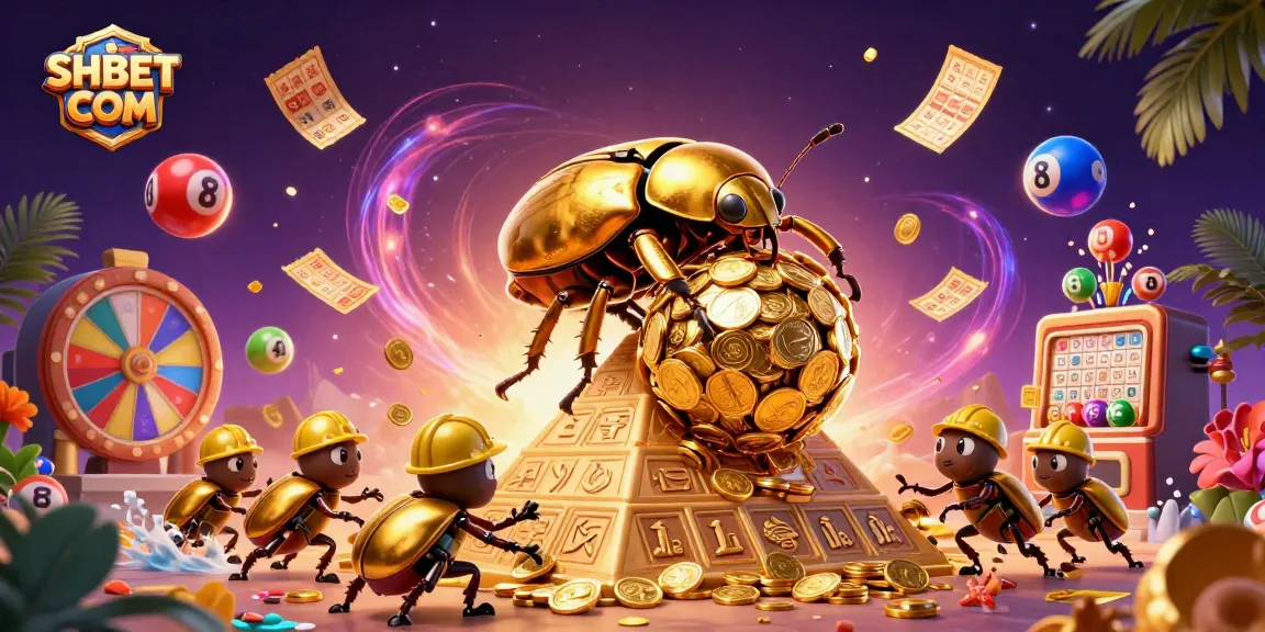 Engage with the vibrant casino world of SHBET COM, featuring a golden beetle amidst lottery excitement.