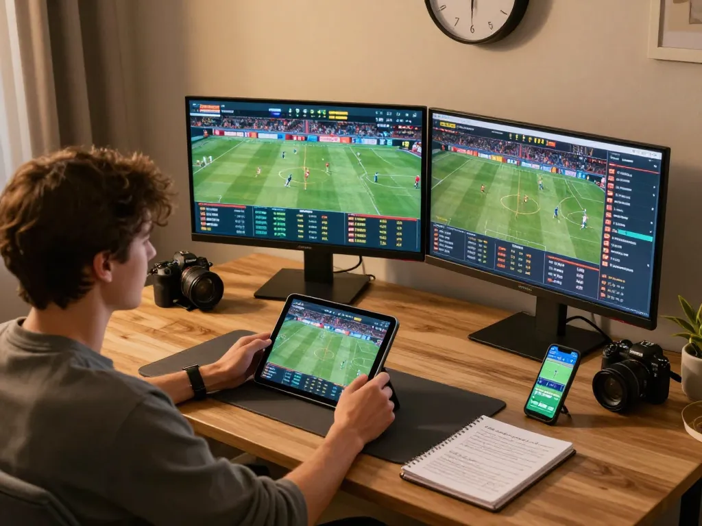 Sports bettor analyzing live odds and placing bets on soi keo nha cai with a focused expression at home.