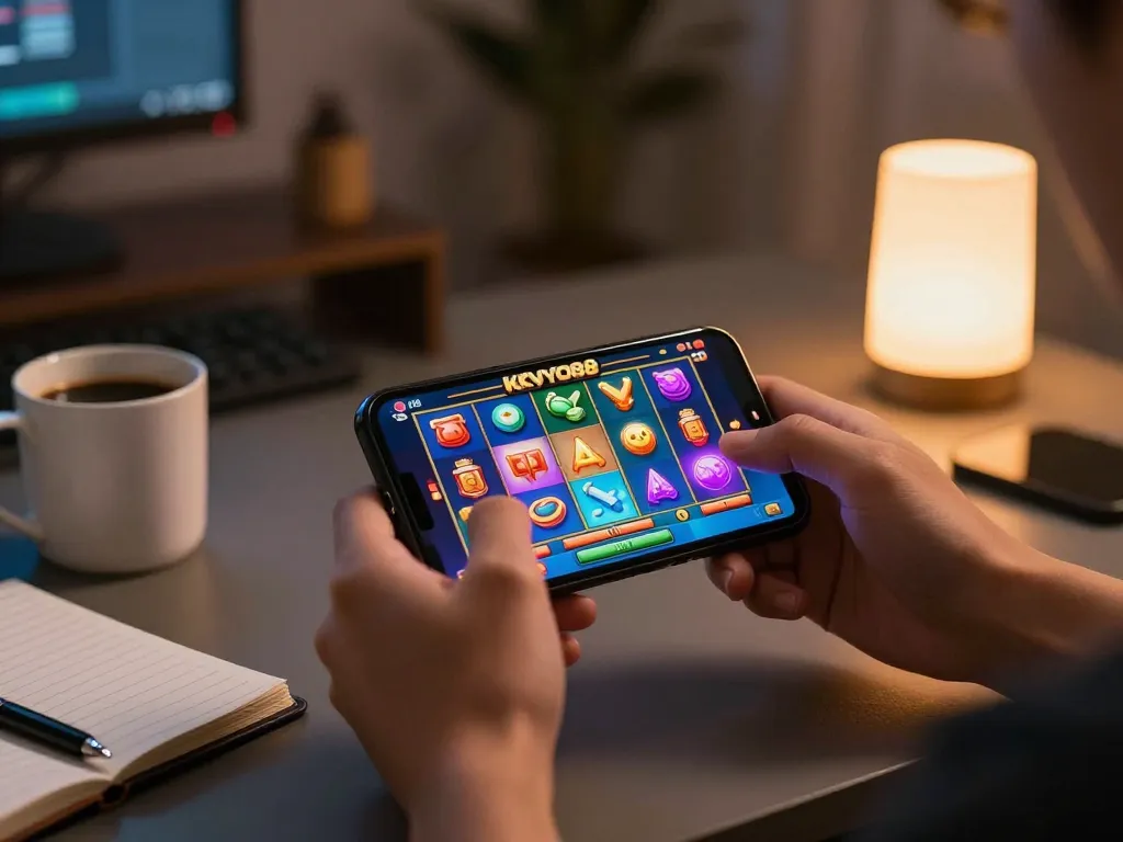Berinteraksi dengan permainan slot tokyo88 di smartphone dalam ruangan modern yang nyaman