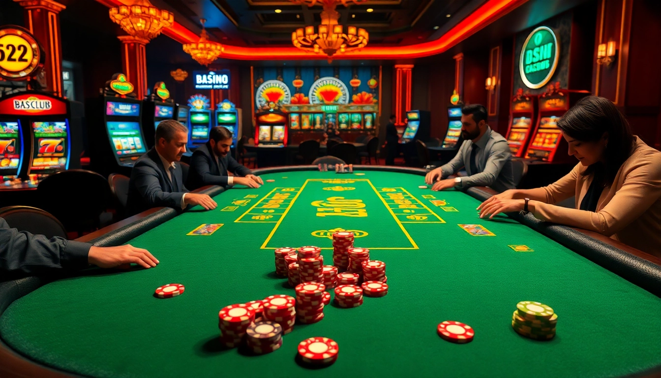Players enjoying thrilling games at B52club casino with poker and vibrant slot machines.