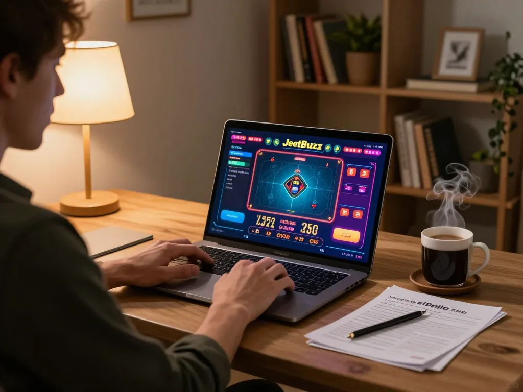 Jeetbuzz online gaming experience with a player engaging in a strategic betting session at home.