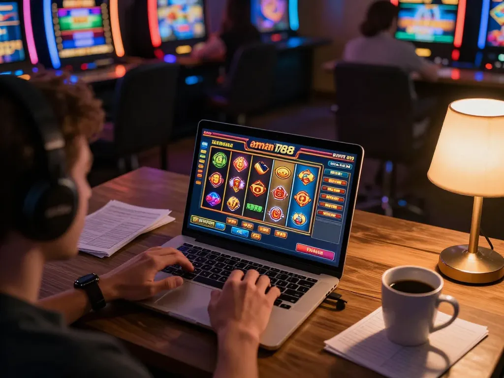 Ikuti permainan aman788 slot online dengan gulungan berwarna-warni di laptop dalam ruang kerja yang nyaman.