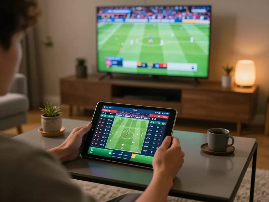 Betting on sports using m110 interface on a tablet with match on TV in a cozy environment.