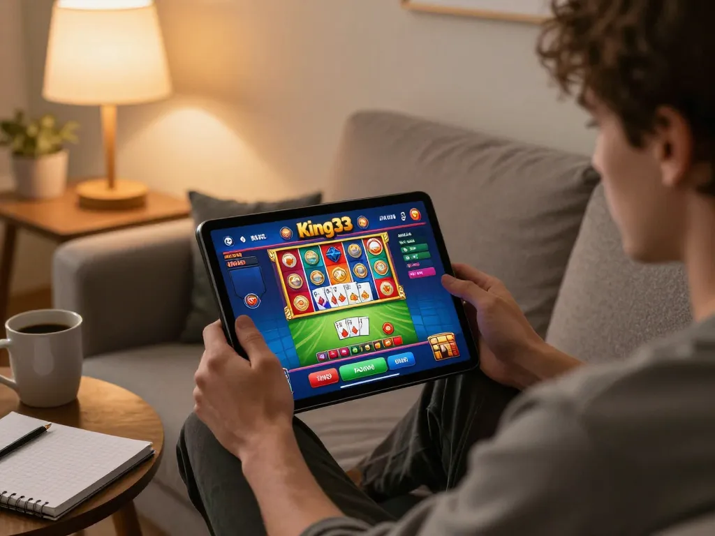 Engaged player using the king33 app for exciting online gaming on a cozy sofa.