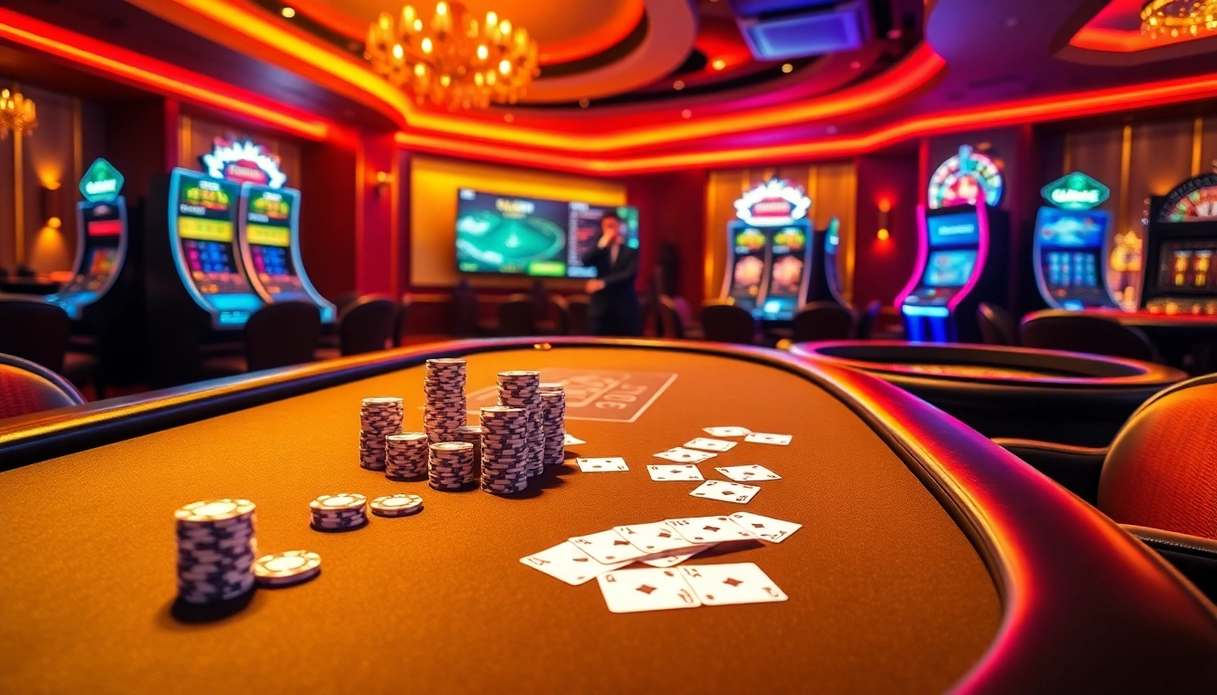 Experience an exciting gambling atmosphere at Ga6789's top-notch poker table accompanied by vibrant slot machines.