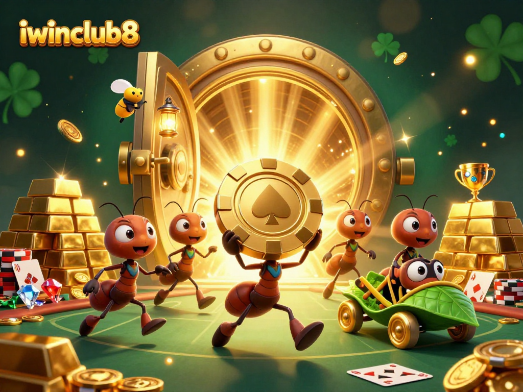 iwinclub8 features animated ants engaged in a poker heist with a firefly lookout and a grasshopper getaway