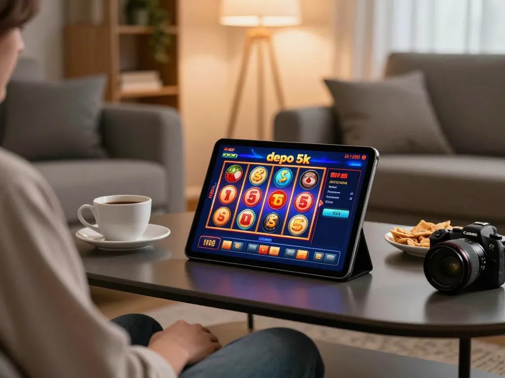 Playing on slot depo 5k mobile app with potential winning slots in a cozy living room setting.