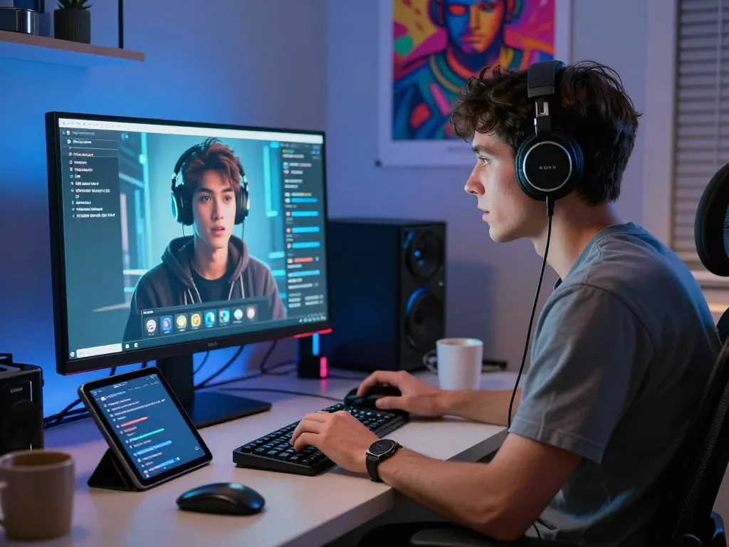 Engaging 18+ AI chat scene illustrating dynamic user interaction with lifelike character on screen in modern tech setting.