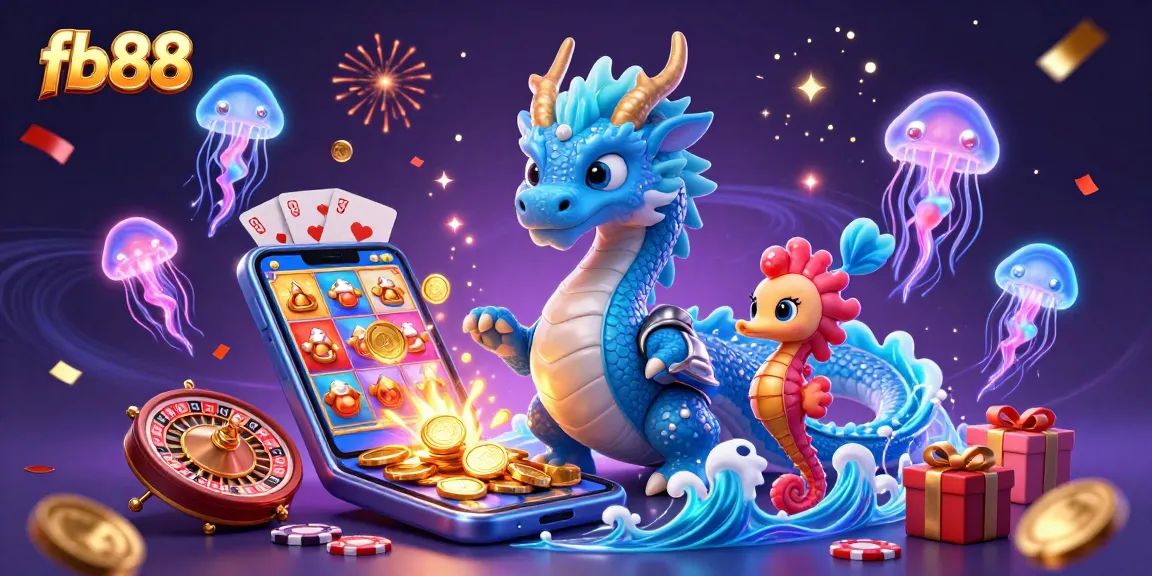 Engage with fb88's vibrant casino world, showcasing neon jellyfish and an azure dragon amidst festive gaming elements.