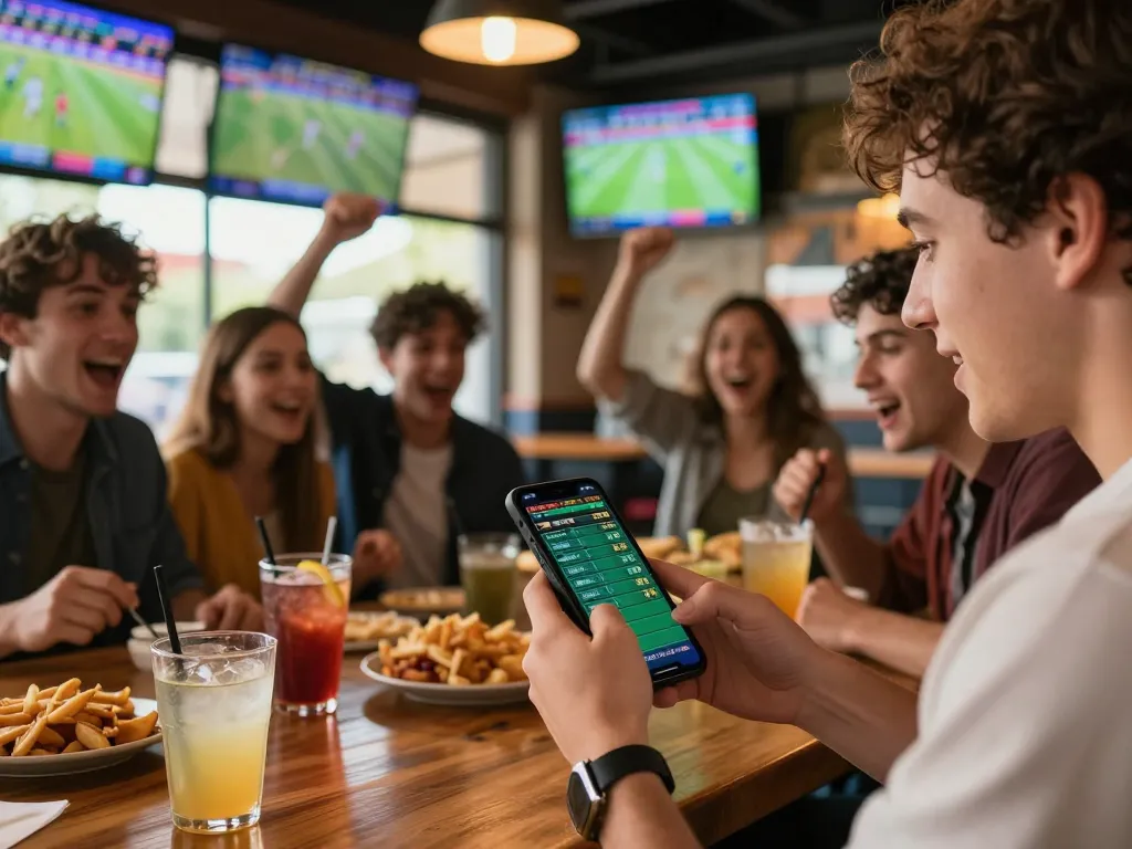 98win đăng nhập for live sports betting, capturing excitement in a lively sports bar.