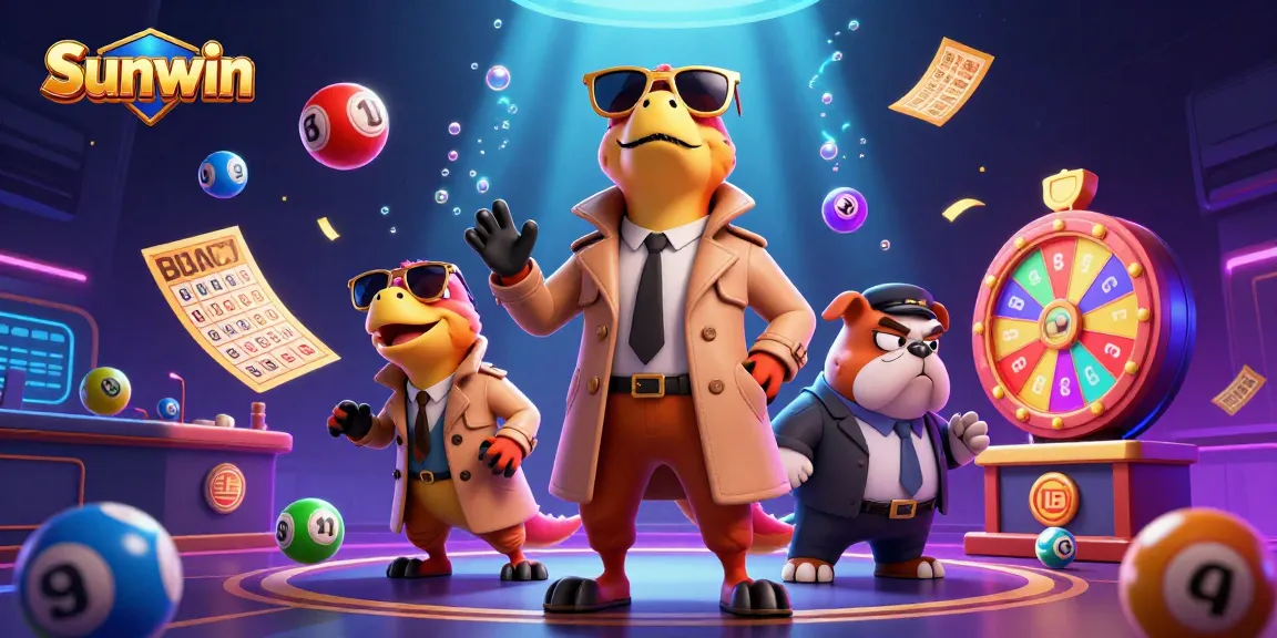 Experience excitement at Sunwin with cartoon raptors and lottery elements in a dynamic casino scene.