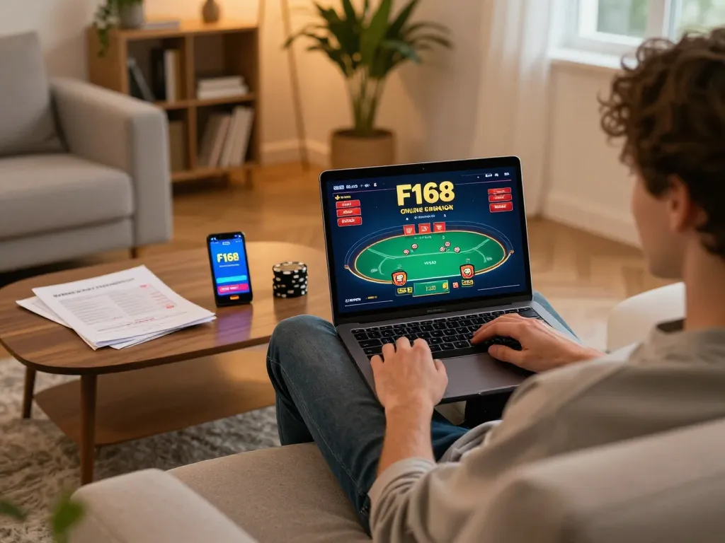Player engaging in F168 online casino gaming on a laptop, showcasing strategic betting options and a cozy atmosphere.