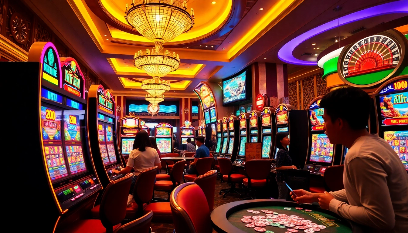 Nổ hũ action on bright casino slot machines, players engaged in lively gameplay.