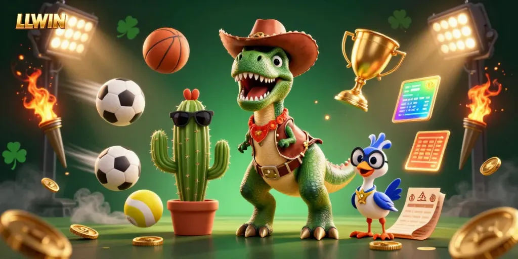 LLWIN's dynamic casino scene with characters engaging in sports betting and vibrant game elements