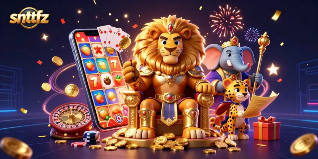 Experience the vibrant world of snttfz with a royal lion king overseeing thrilling casino adventures.
