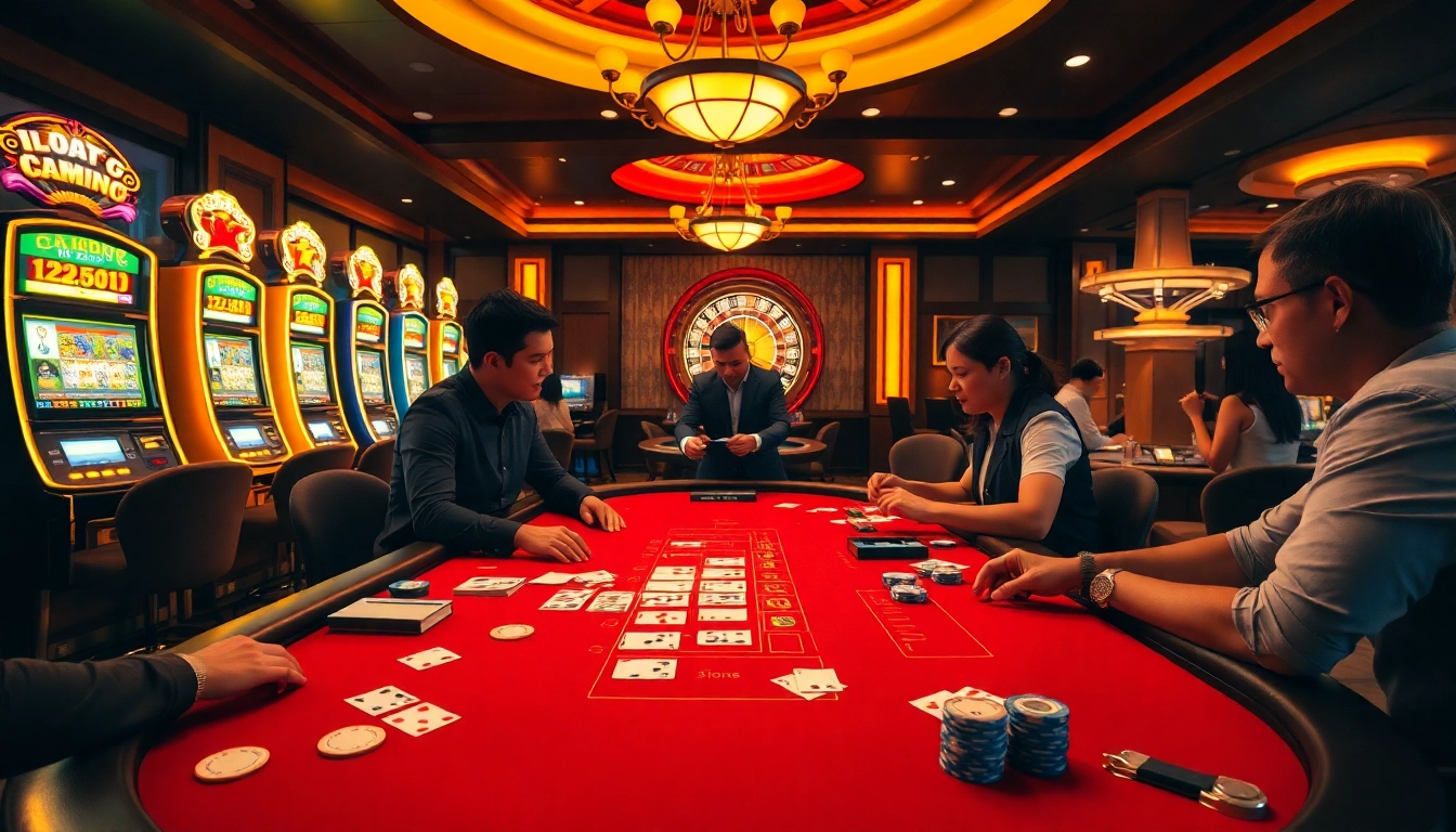 Engage in thrilling casino games at Bem88, featuring poker tables and vibrant slot machines.