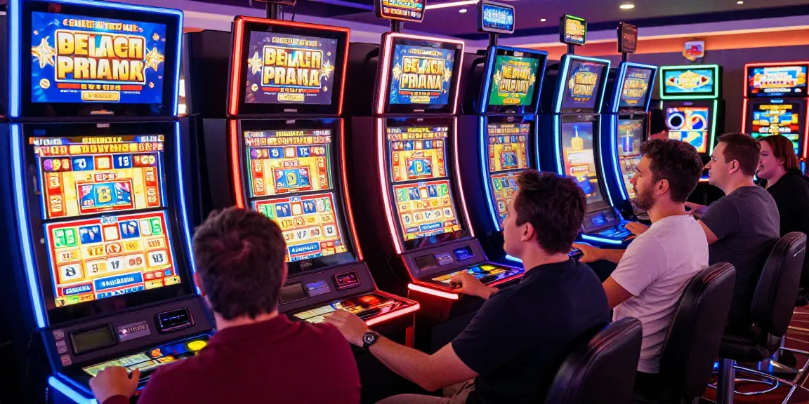 Exciting bonus buy slots UK casino scene with players engaging at vibrant slot machines.