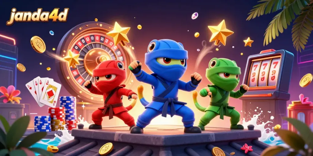 Janda4d menghadirkan chameleon ninja yang sedang beraksi dengan koin emas dan permainan kasino yang mengelilinginya