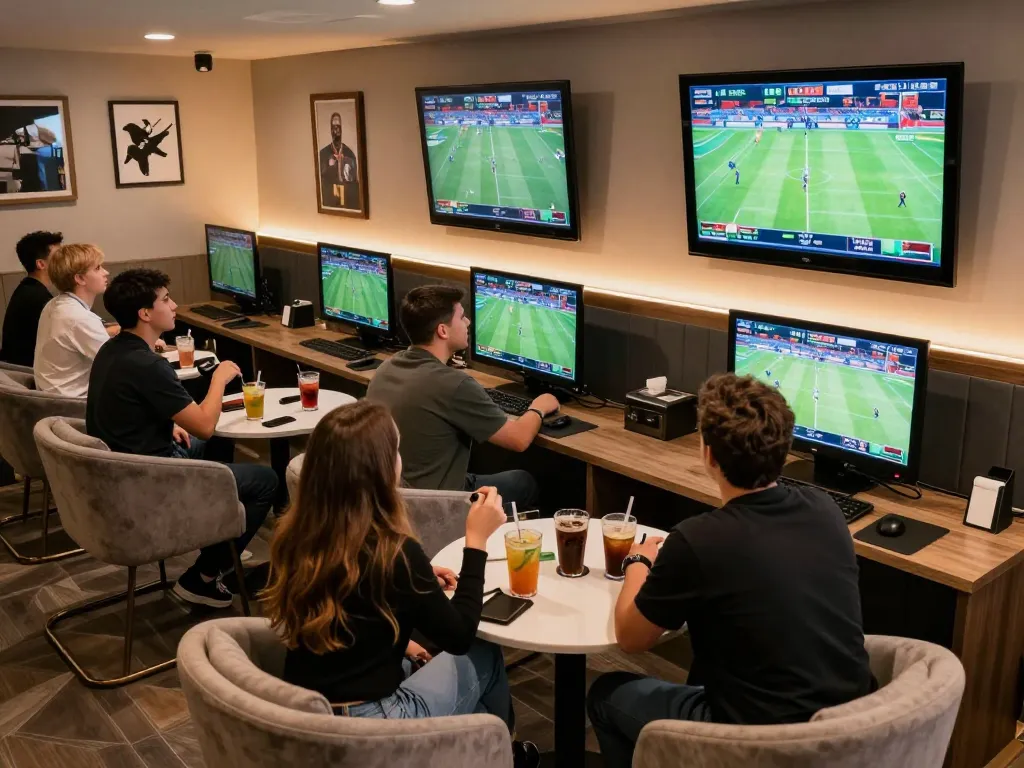 Excited bettors engaging with live betting action at 88AA.COM's stylish sports lounge.