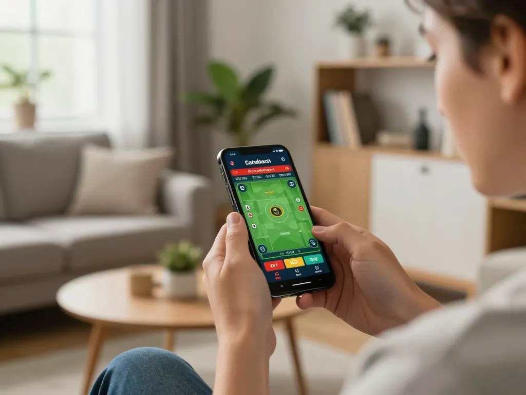 Engaging sports betting moment on smartphone for Canadian online casinos in a cozy home setting.