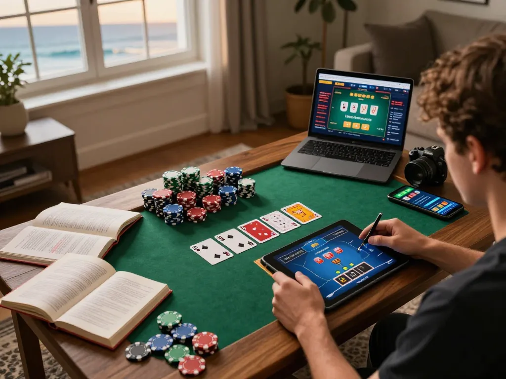 Pemain terlibat dalam permainan poker online di tablet yang menunjukkan strategi taruhan dragon77 dengan chip berwarna-warni.