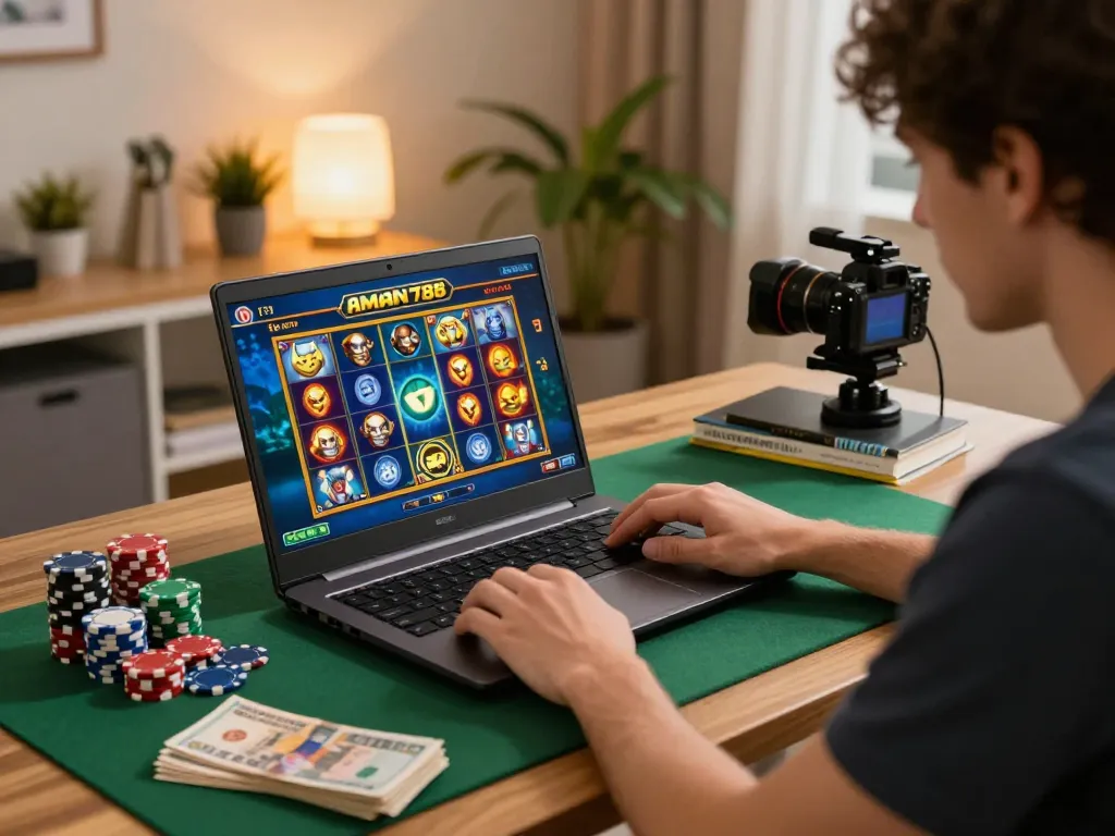 Pemain yang terlibat dalam permainan slot online aman788 dari pengaturan gaming di rumah yang nyaman, menunjukkan kegembiraan dan strategi.