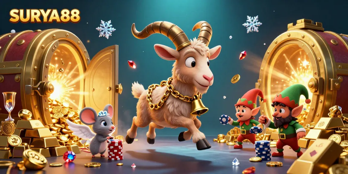SURYA88 holiday-horror casino illustration with a Krampus goat, angel mouse, and elf gremlins amidst gold treasure.