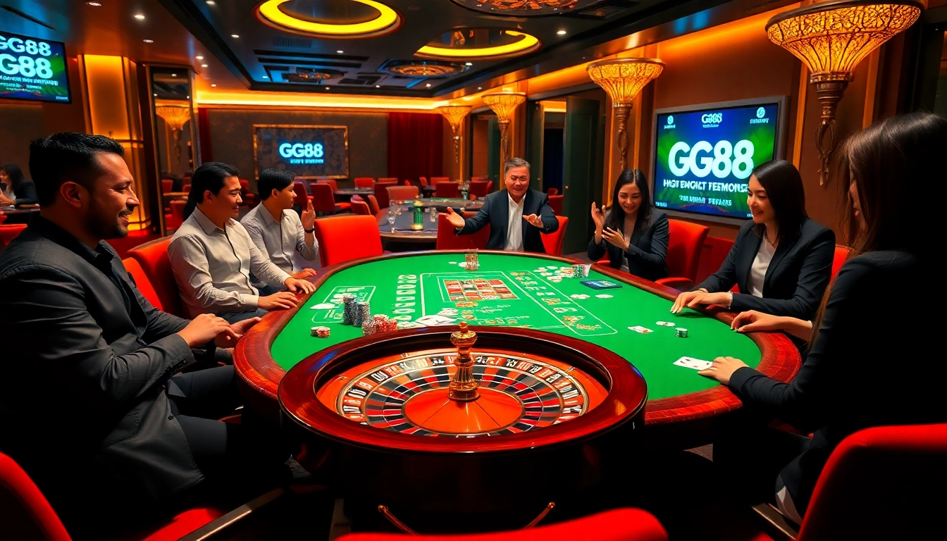 Players enjoying an exciting game at the GG88 poker table, showcasing vibrant casino action.