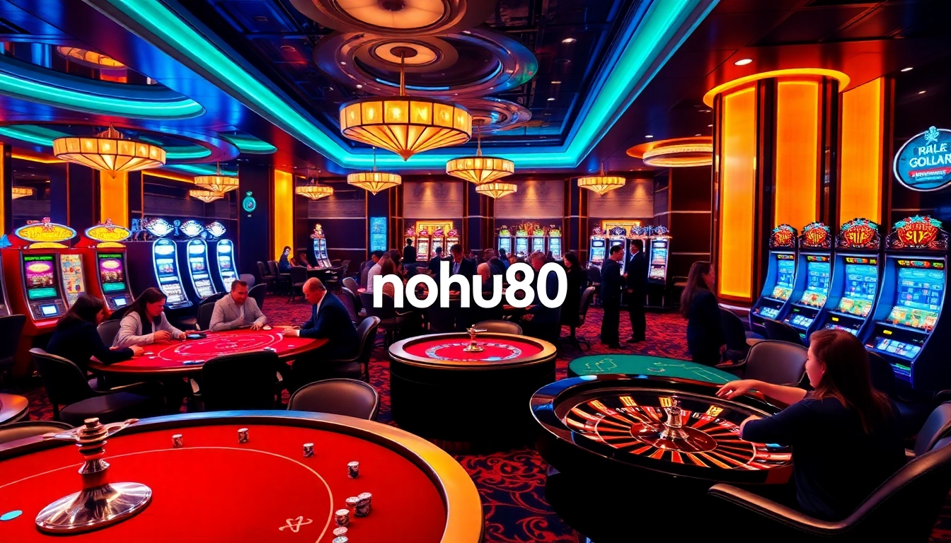 Players enjoying games at nohu90 online casino with vibrant tables and arcade machines.