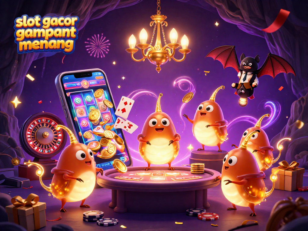 Play and win big with slot gacor gampang menang in a vibrant cave casino illustrated scene.