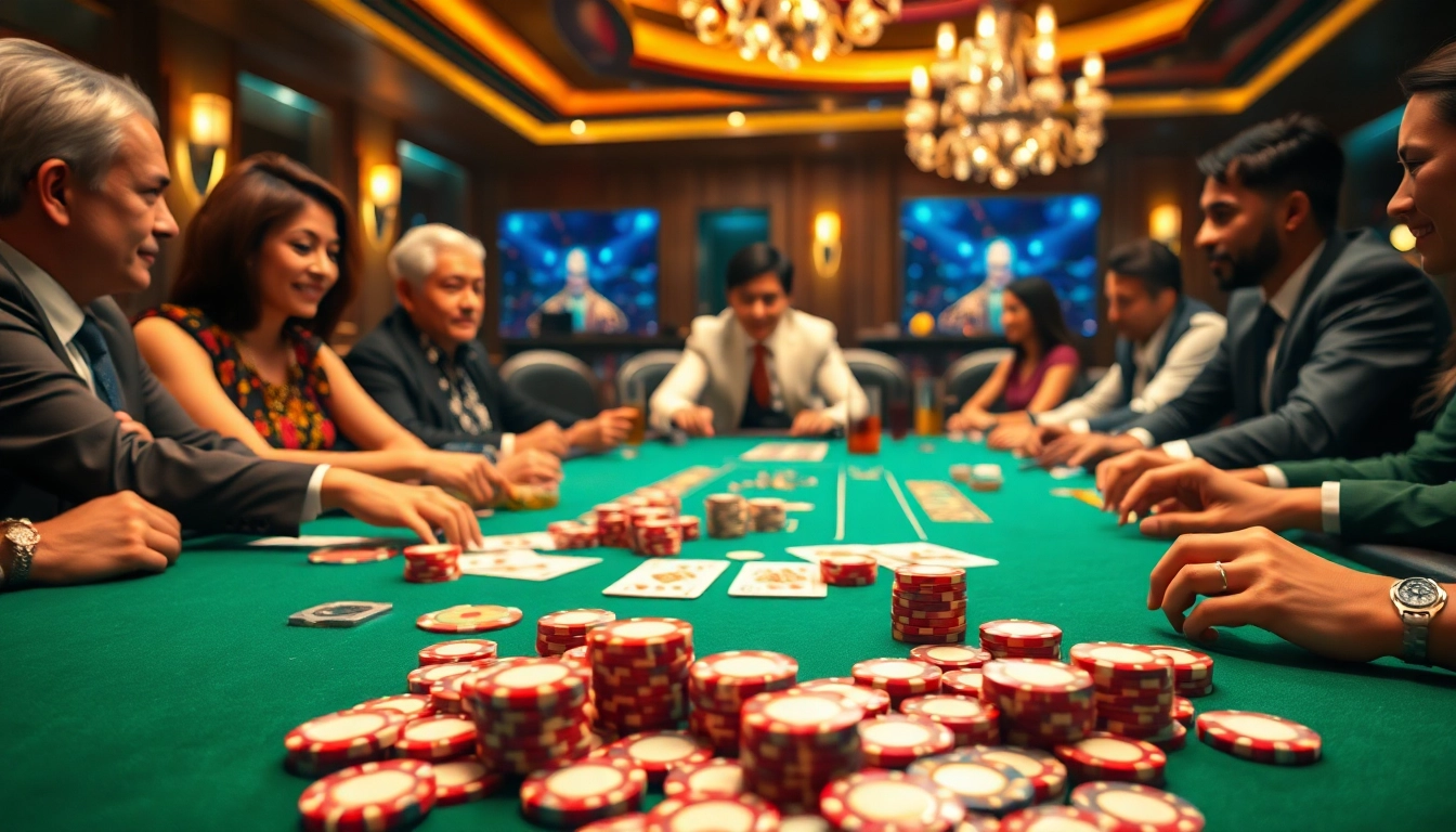 arushoki menampilkan pemain poker yang terlibat dalam permainan di kasino mewah, dengan rincian kartu dan chip.