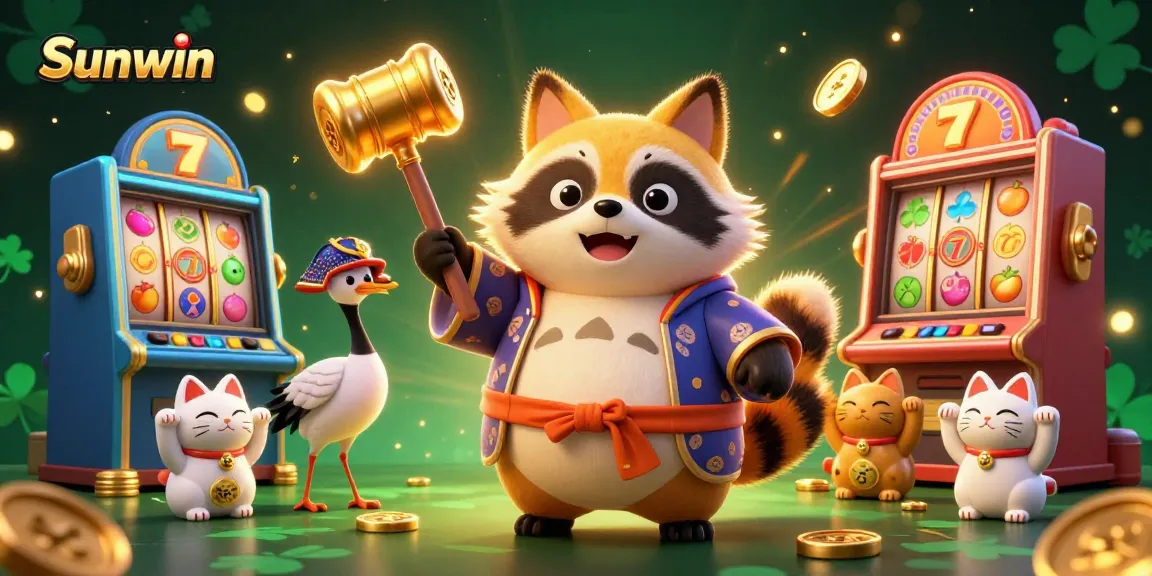 Engage with Sunwin slots alongside cheerful tanuki and maneki-neko in vibrant casino scene.