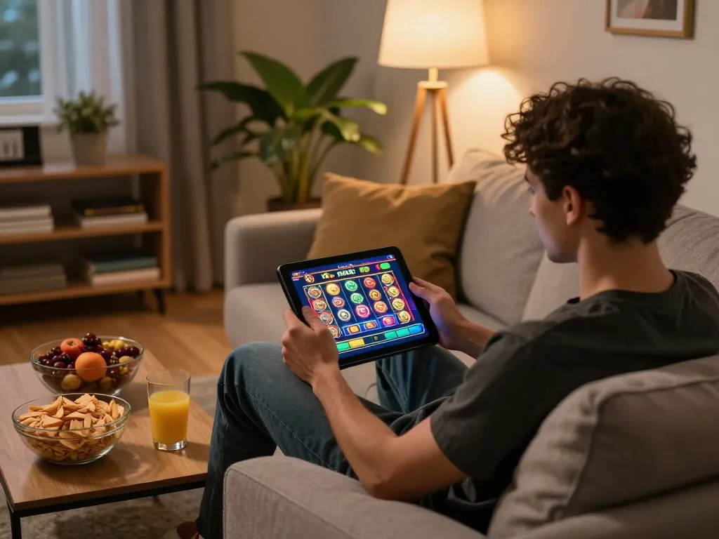 Engaging in online casino malaysia gaming on a tablet in a cozy living room setting.