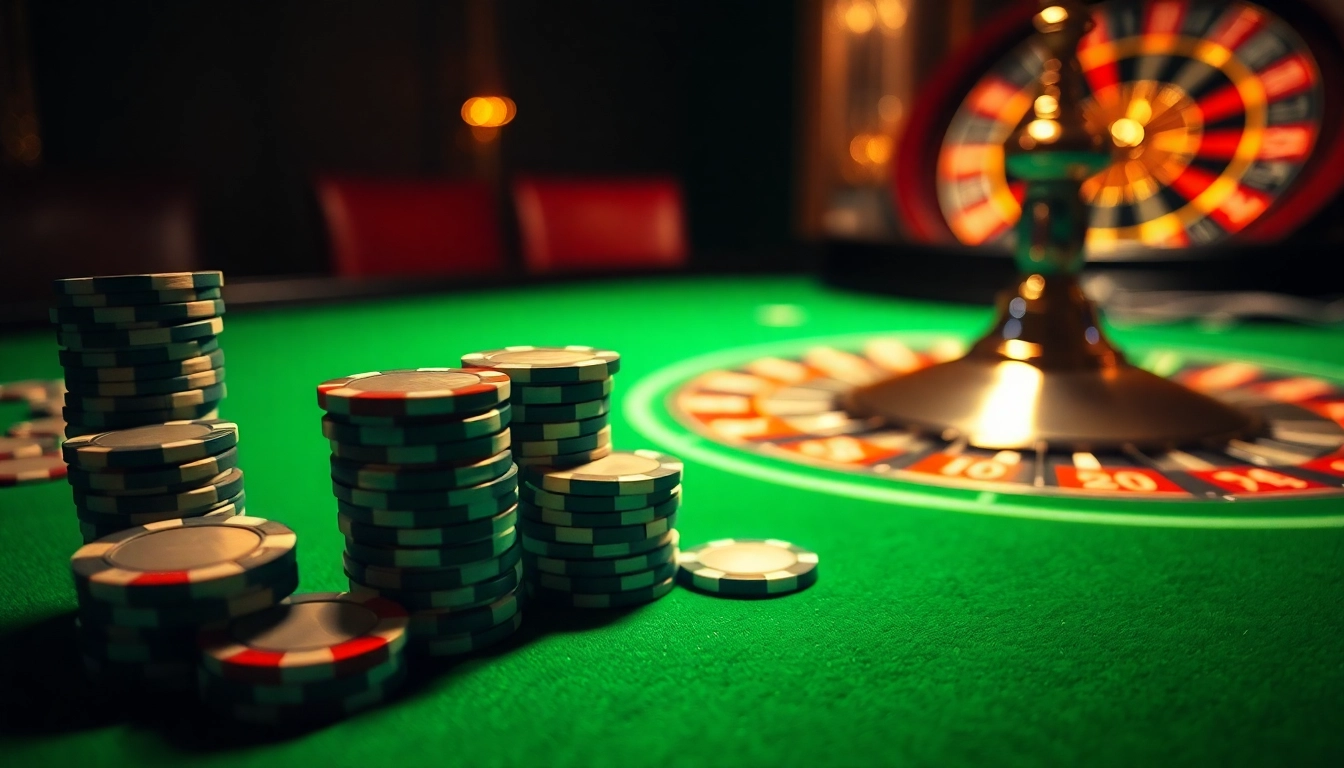 Engaging view of e2bet casino poker chips and roulette wheel on a vibrant table.